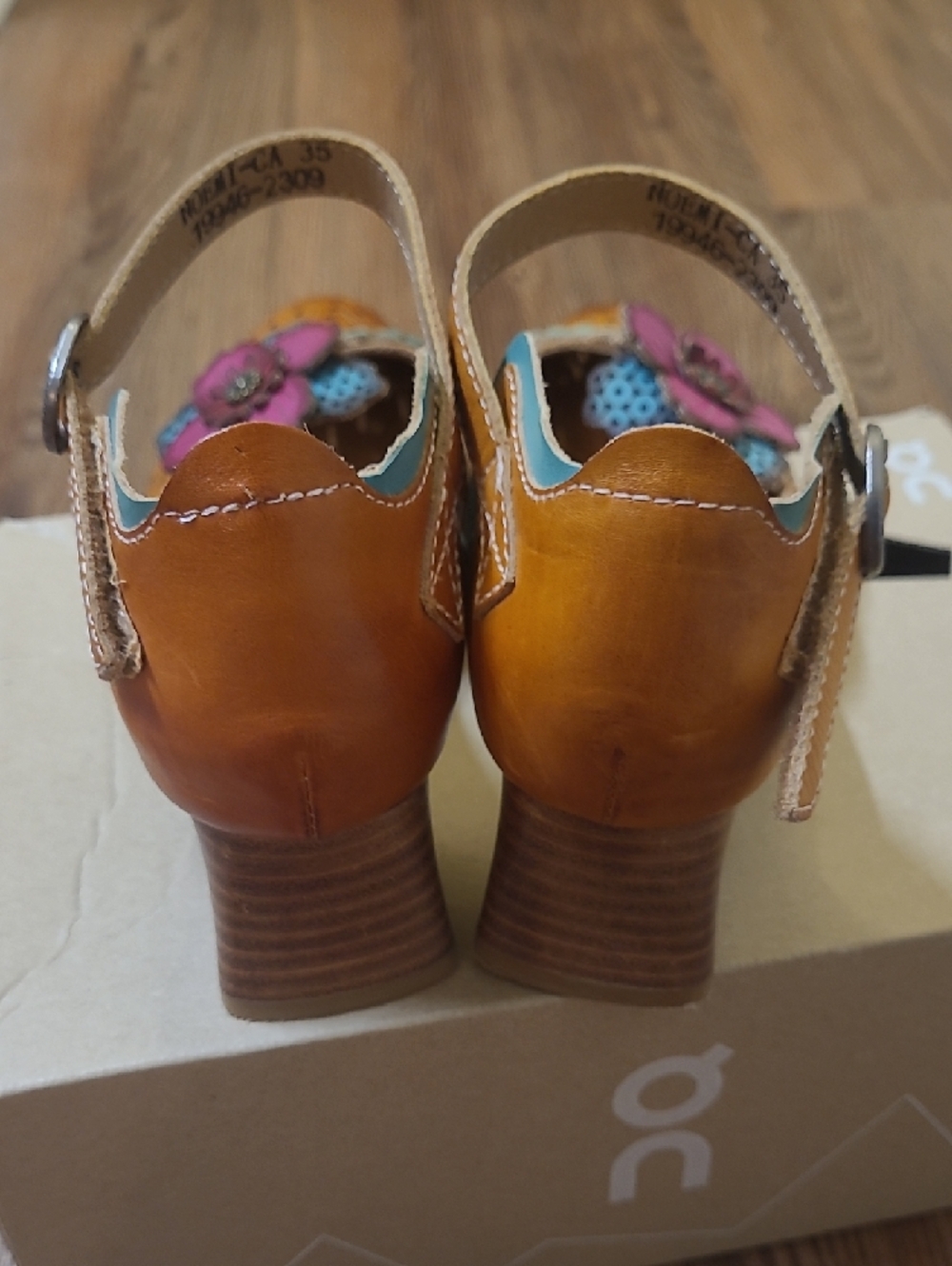 L'ATISTE Tan Leather Ankle-Strap Heels with Pink and Teal Floral Accents - Picture 6 of 14